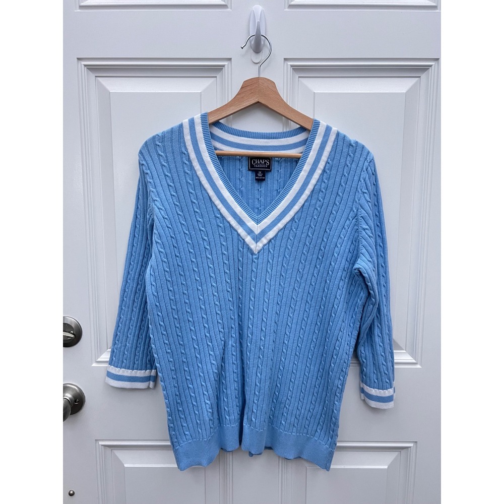 Chaps Classics Womens 1X Blue Cable Knit V-Neck Sweater 3/4 Sleeve Cotton Preppy